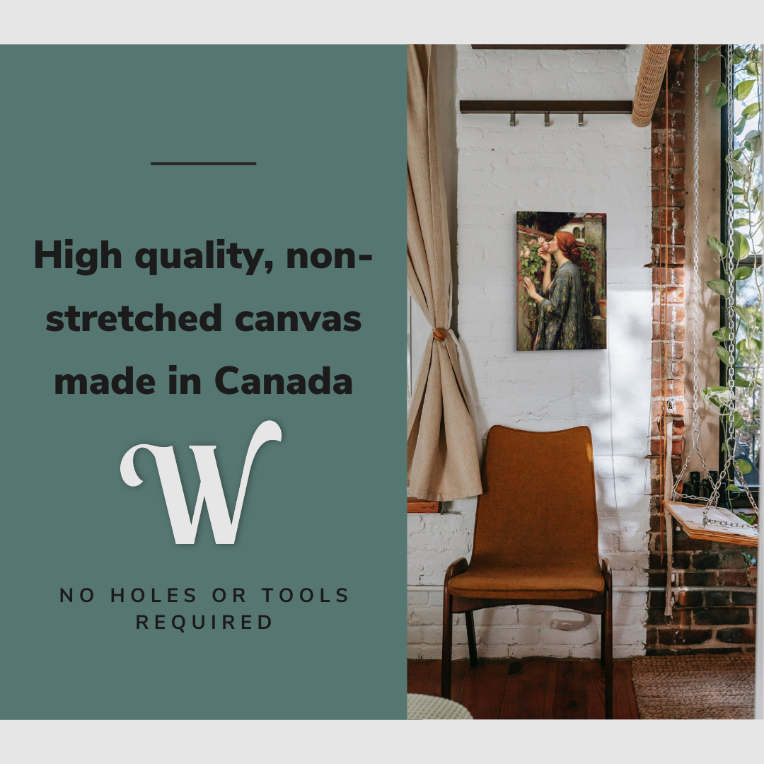 Lifestyle image of the vertical, 16x24 inch easy to hang canvas wall art hung in a dining room beside a chair placed to the side with graphic saying "High quality, non-stretched canvas made in Canada"