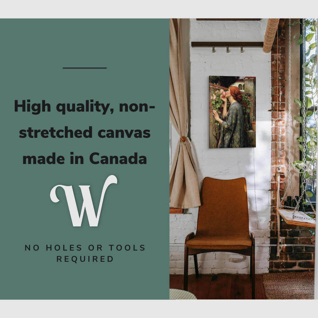 Lifestyle image of the vertical, 20x30 inch easy to hang canvas wall art hung in a dining room beside a chair placed to the side with graphic saying "High quality, non-stretched canvas made in Canada"