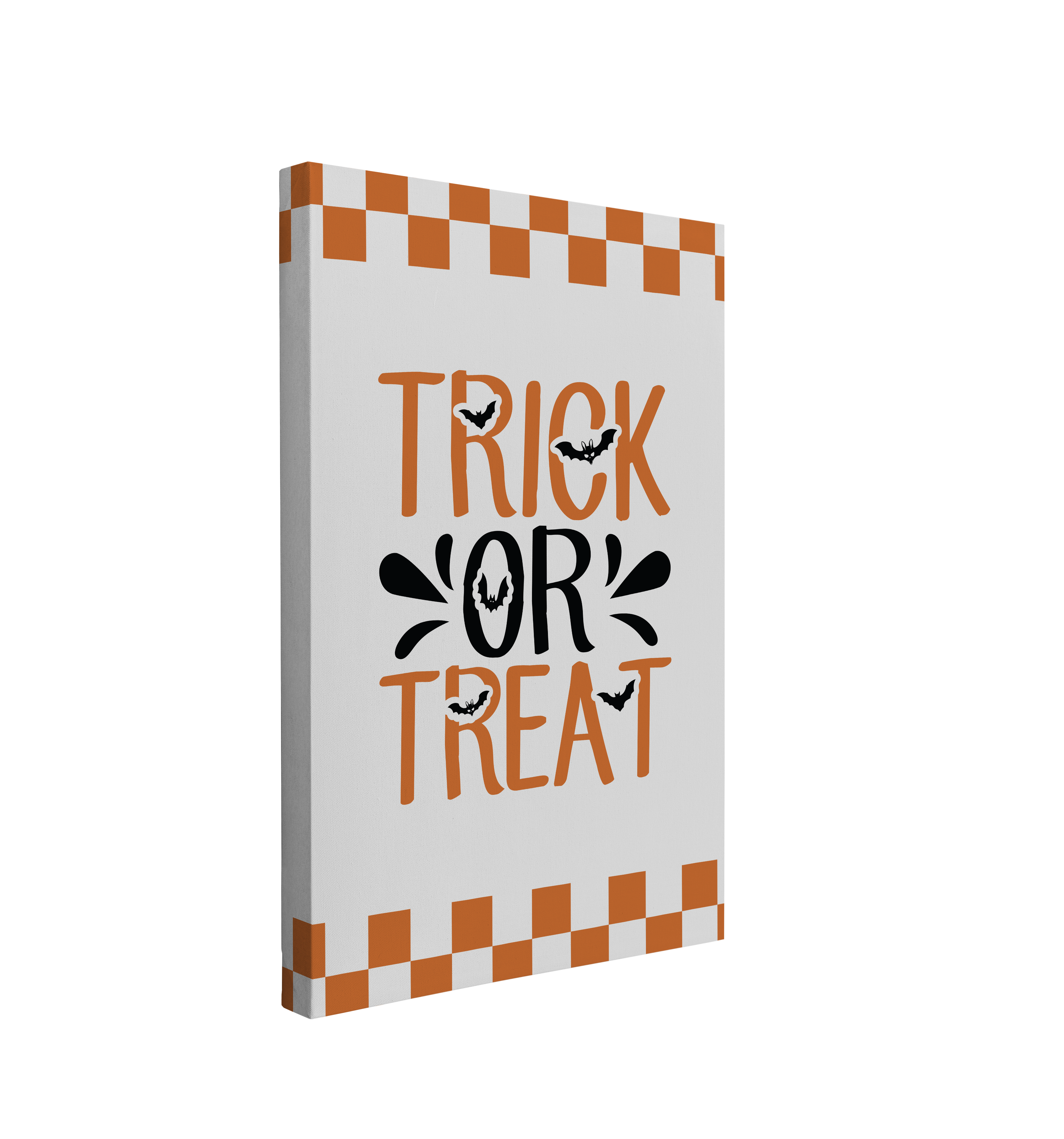 Single, 2:3 vertical easy to hang canvas print on a transparent background featuring an image of the words, "Trick or Treat" in orange and black with bats flying through the font on a white background with a retro border of orange checkers.