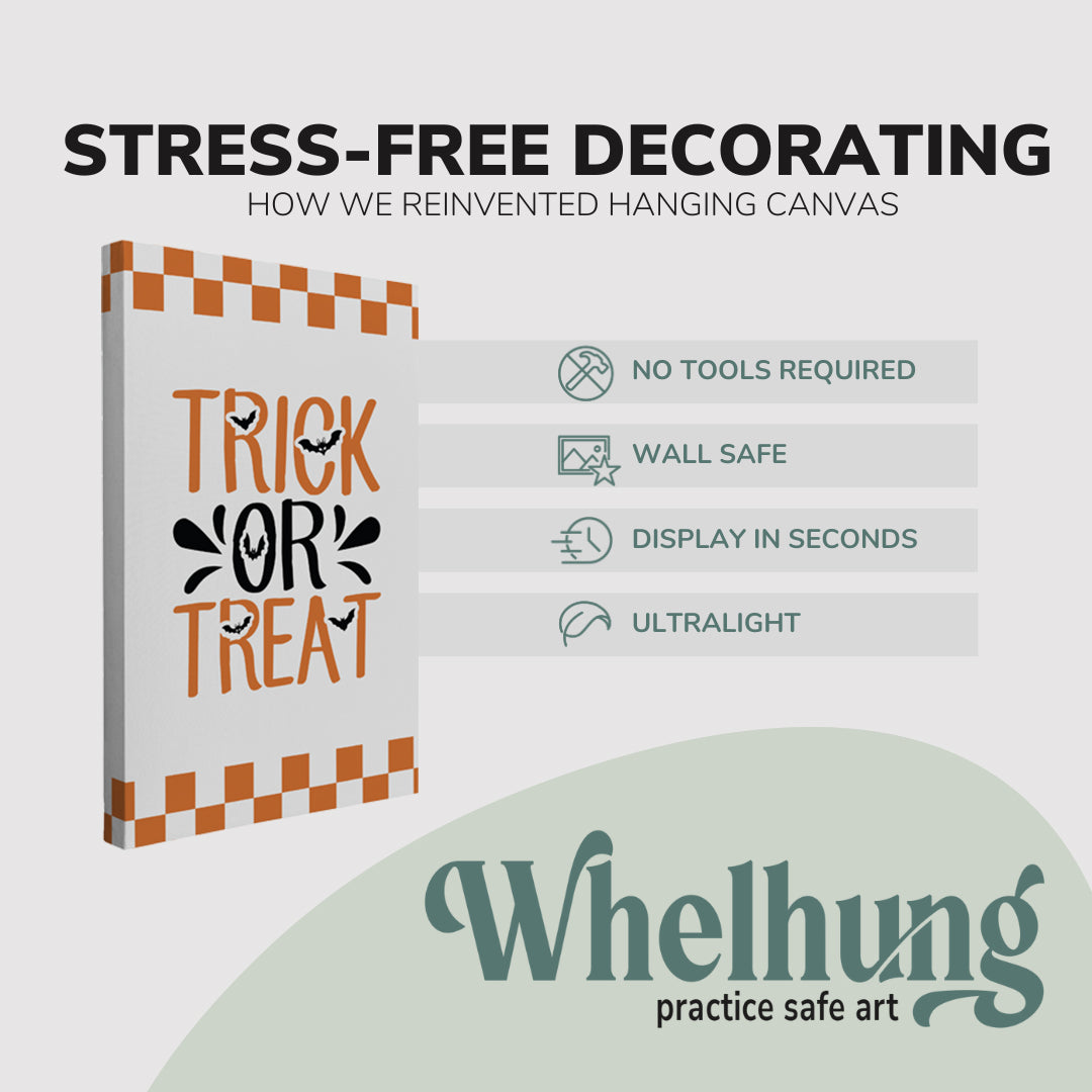 Single, 2:3 vertical easy to hang canvas print on a graphic displaying the stress-free decorating Whelhung offers, how we reinvented hanging canvas: "no tools required", "wall safe", "display in seconds" and "ultralight."