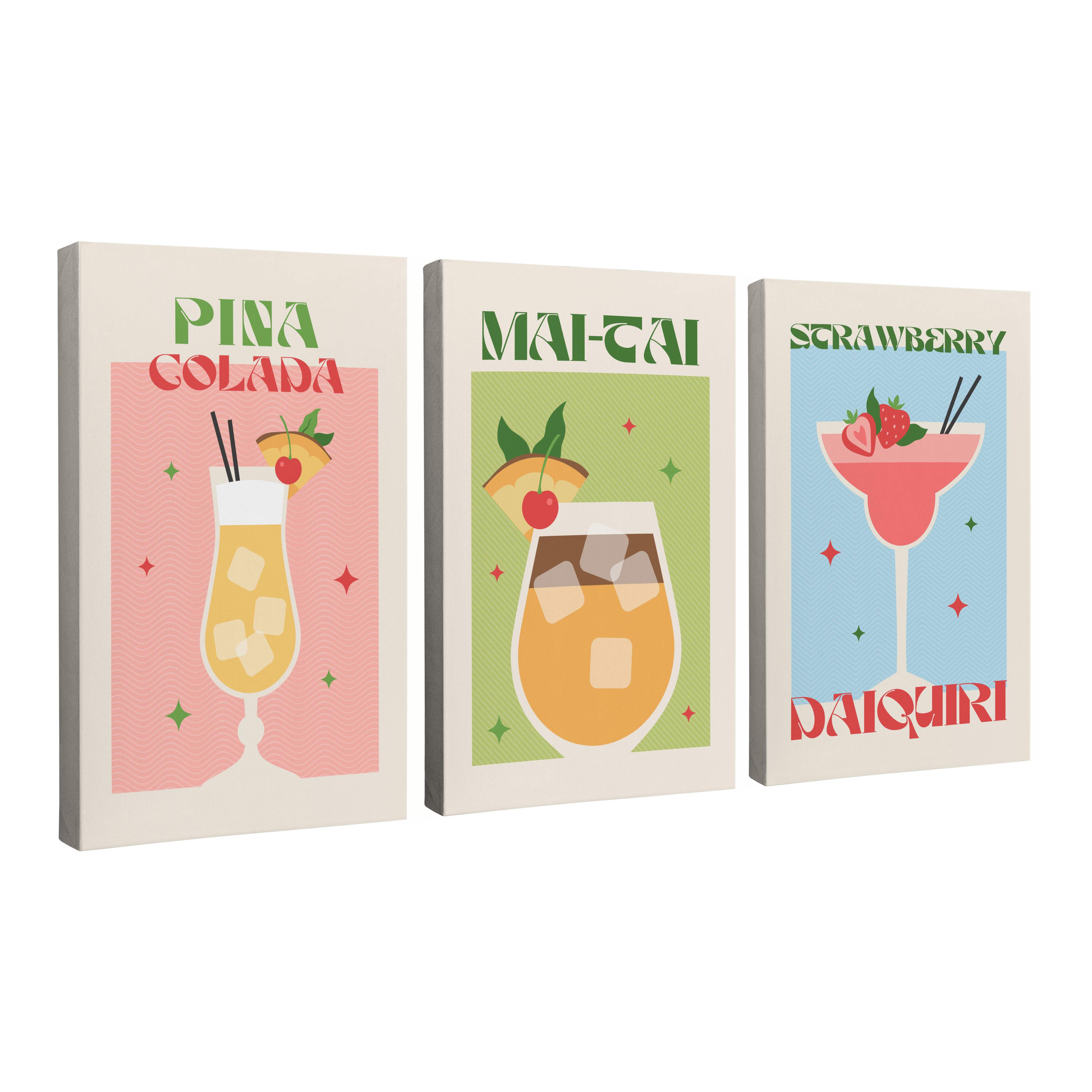 Set of 3, 2:3 vertical easy to hang canvas prints on a transparent background featuring images of three different tropical cocktails including a Pina Colada, a Mai-Tai and a Strawberry Daiquiri with vintage font accompanying each one.