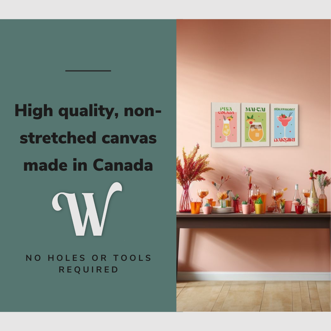 Lifestyle image of the vertical, 12x18” inch set of 3 easy to hang canvas wall art hung in a party room above the drink table with graphic saying "High quality, non-stretched canvas made in Canada."