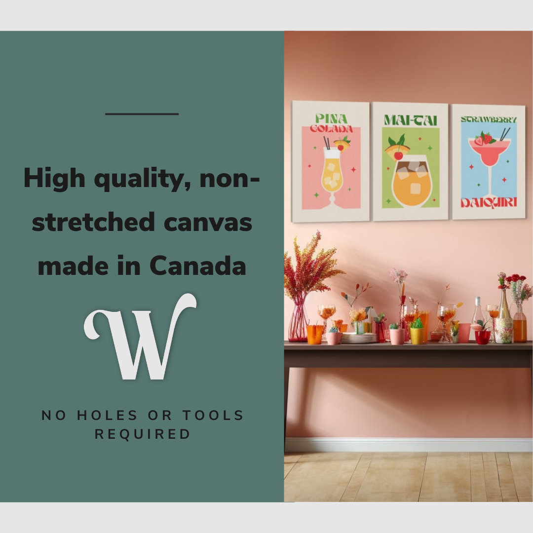 Lifestyle image of the vertical 20x30” inch set of 3 easy to hang canvas wall art hung in party room above the drink table with graphic saying "High quality, non-stretched canvas made in Canada"