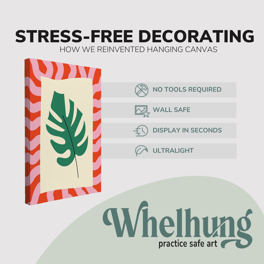 Single, 2:3 vertical easy to hang canvas prints on a graphic displaying the stress-free decorating Whelhung offers, how we reinvented hanging canvas: "no tools required", "wall safe", "display in seconds" and "ultralight."