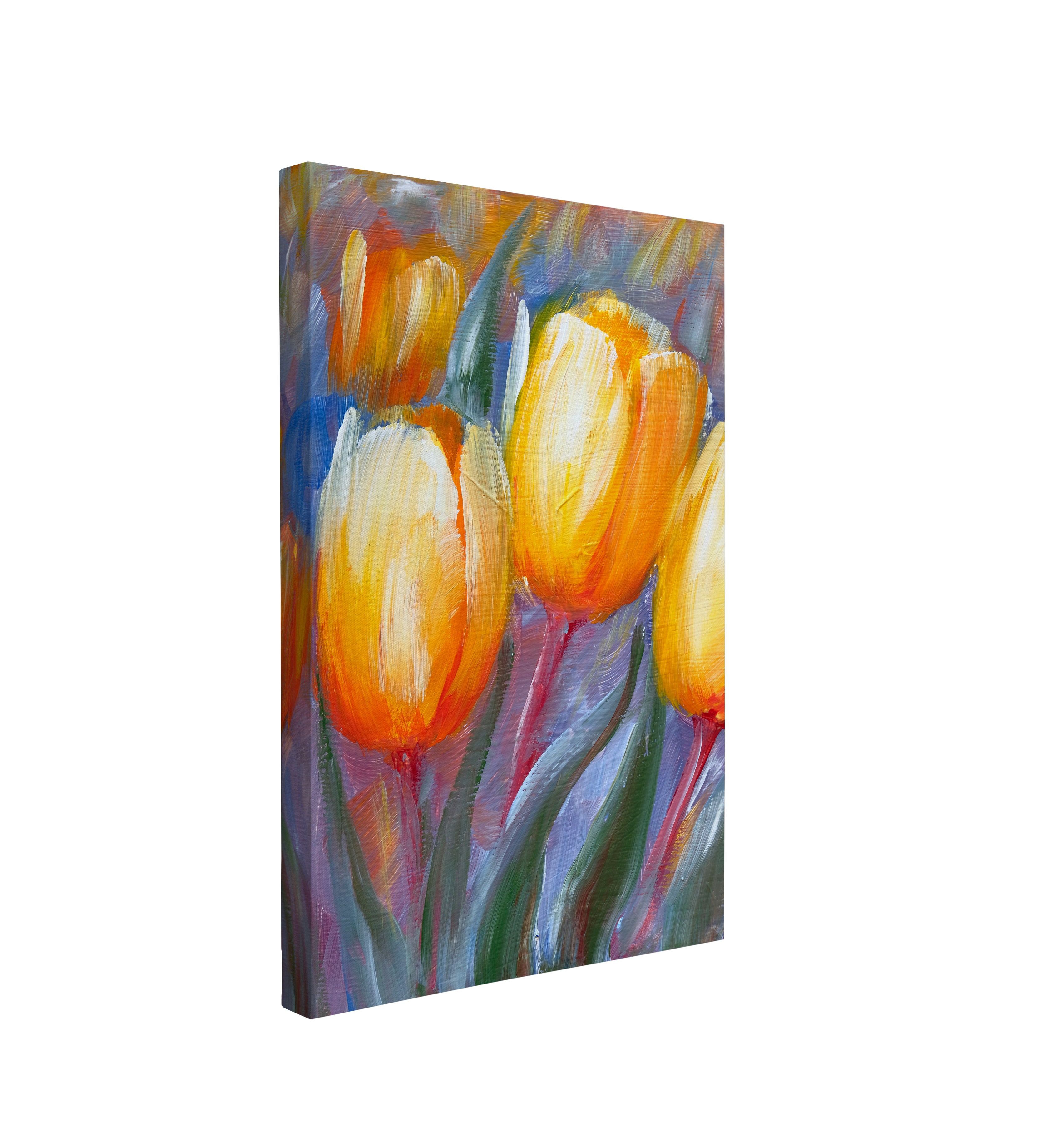 single, 2:3 vertical easy to hang canvas print on a transparent background featuring an image of a close up painting of three vibrant yellow tulips