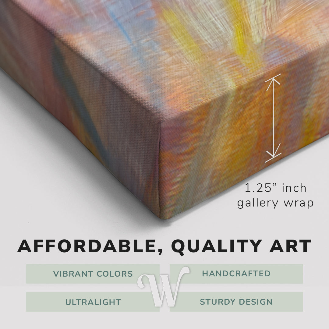 Corner shot of a Whelhung easy to hang canvas print showing the 1.25" inch gallery wrap thickness and graphic saying "Affordable, Quality Art", "Vibrant Colors", "Handcrafted", "Ultralight" and "Sturdy Design."