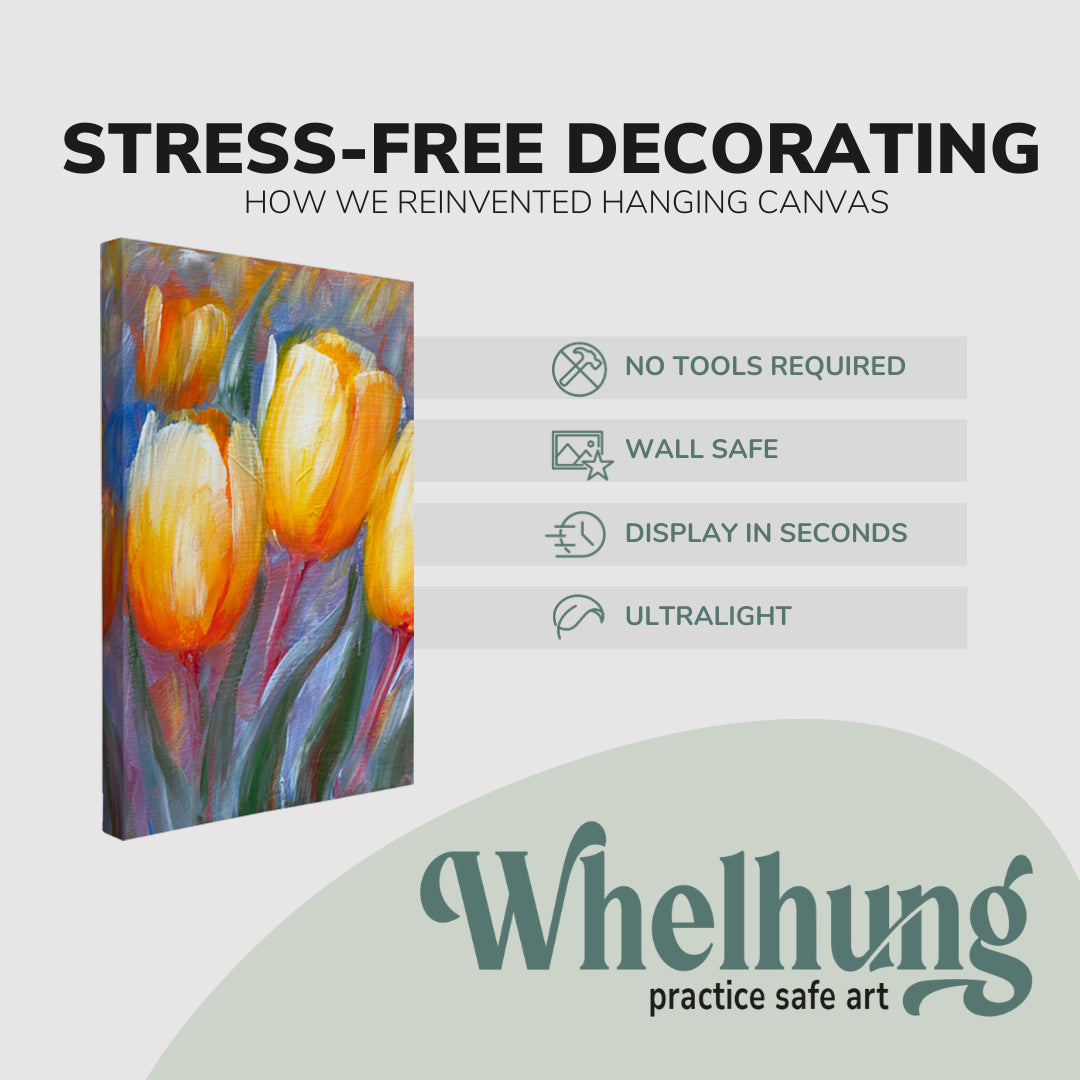 single, 2:3 vertical easy to hang canvas print on a graphic displaying the stress-free decorating Whelhung offers, how we reinvented hanging canvas: "no tools required", "wall safe"", "display in seconds" and "ultralight."
