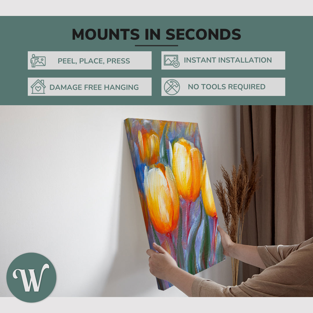 graphic showing hanging a single 2:3 vertical 20x30 inch easy to hang canvas showing how easy it is to hang. Mounts in seconds, "peel, place, press", "instant installation", "damage free hanging" and "no tools required."