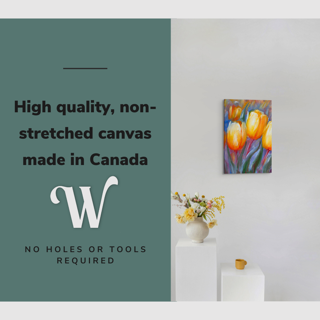 Lifestyle image of the vertical, 12x18 inch easy to hang canvas wall art hung in hung above a minimalist vase display in an art mueseum with graphic saying "High quality, non-stretched canvas made in Canada"