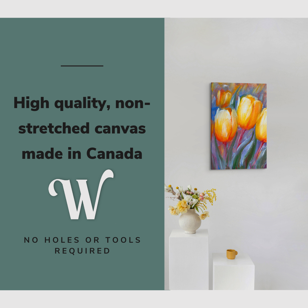 Lifestyle image of the vertical, 16x24 inch easy to hang canvas wall art hung in hung above a minimalist vase display in an art mueseum with graphic saying "High quality, non-stretched canvas made in Canada"