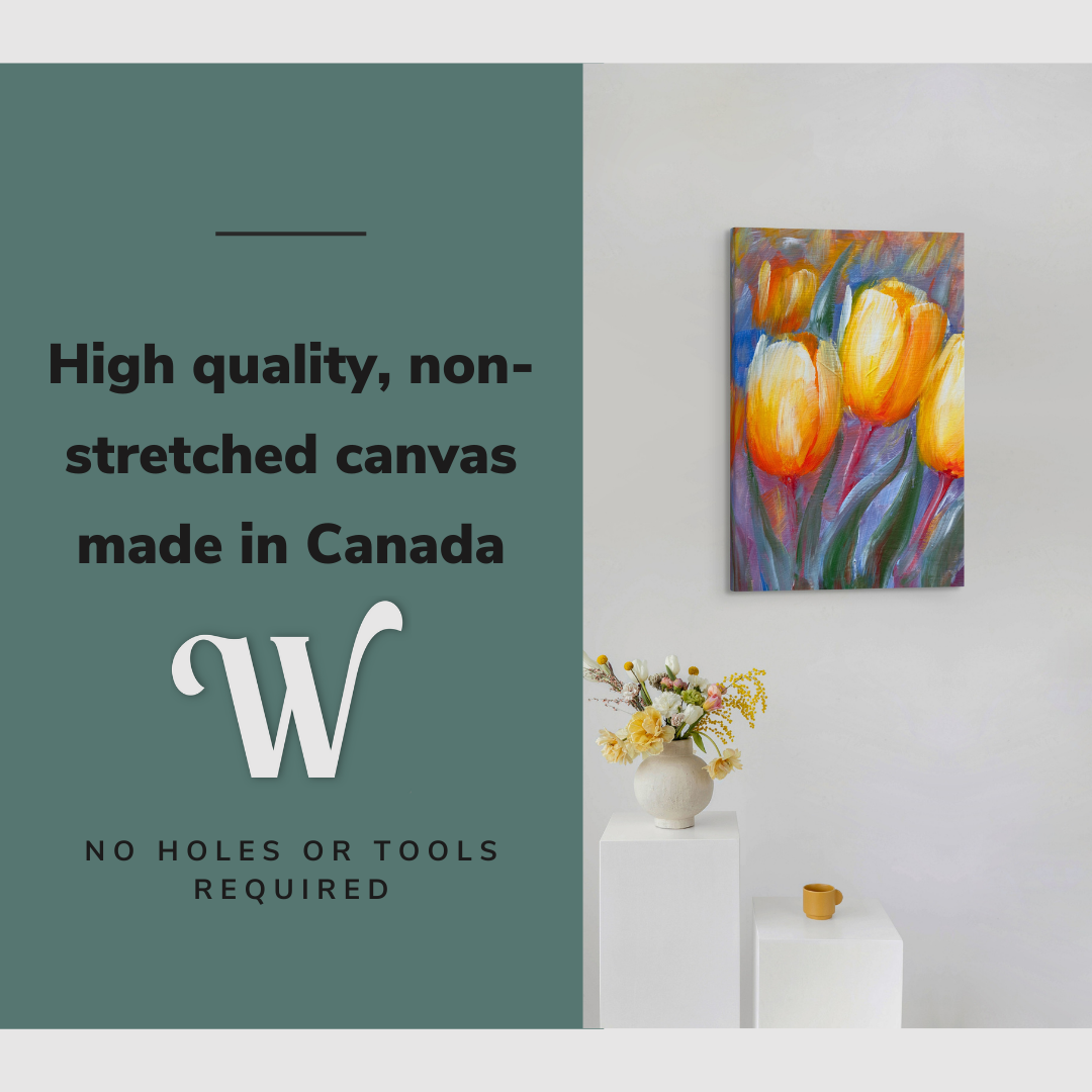 Lifestyle image of the vertical, 20x30 inch easy to hang canvas wall art hung in hung above a minimalist vase display in an art mueseum with graphic saying "High quality, non-stretched canvas made in Canada"