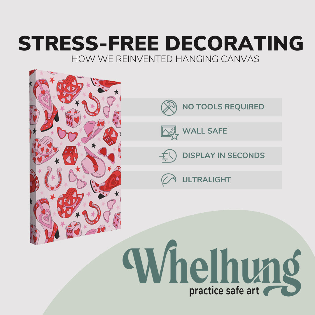 single, 2:3 vertical easy to hang canvas print on a graphic displaying the stress-free decorating Whelhung offers, how we reinvented hanging canvas: "no tools required", "wall safe"", "display in seconds" and "ultralight."