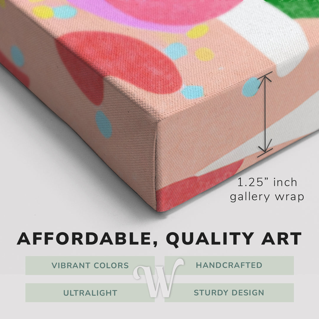 Corner shot of a Whelhung easy to hang canvas print showing the 1.25" inch gallery wrap thickness and graphic saying "Affordable, Quality Art", "Vibrant Colors", "Handcrafted", "Ultralight" and "Sturdy Design."