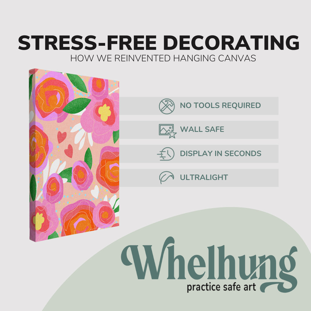 2 Panel, 2:3 vertical easy to hang canvas print on a graphic displaying the stress-free decorating Whelhung offers, how we reinvented hanging canvas: "no tools required", "wall safe"", "display in seconds" and "ultralight."