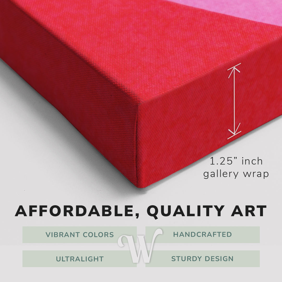 Corner shot of a Whelhung easy to hang canvas print showing the 1.25" inch gallery wrap thickness and graphic saying "Affordable, Quality Art", "Vibrant Colors", "Handcrafted", "Ultralight" and "Sturdy Design."