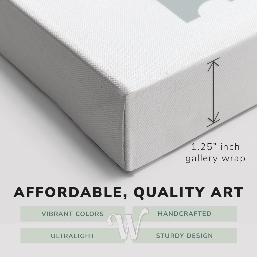 Corner shot of a Whelhung easy to hang canvas print showing the 1.25” inch gallery wrap thickness and graphic saying "Affordable, Quality Art", "Vibrant Colors", "Handcrafted", "Ultralight" and "Sturdy Design."