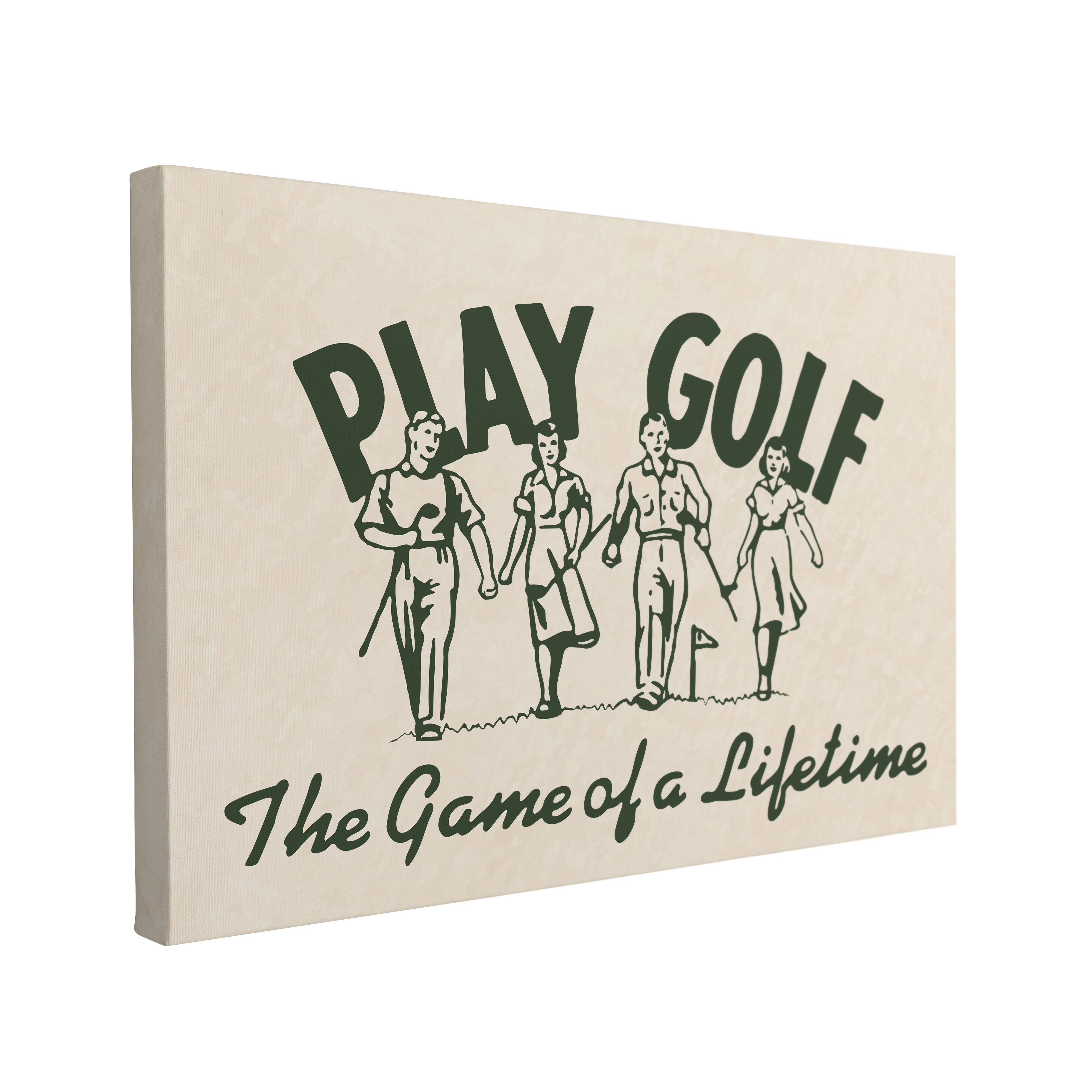 Single, 2:3 horizontal easy to hang canvas print on a transparent background featuring an image of a dark forest green vintage newspaper ad for golf with four men and woman walking with golf clubs on a green with "Play Golf" font large behind them and underneath says, "The Game of a Lifetime" on a white-yellow background.