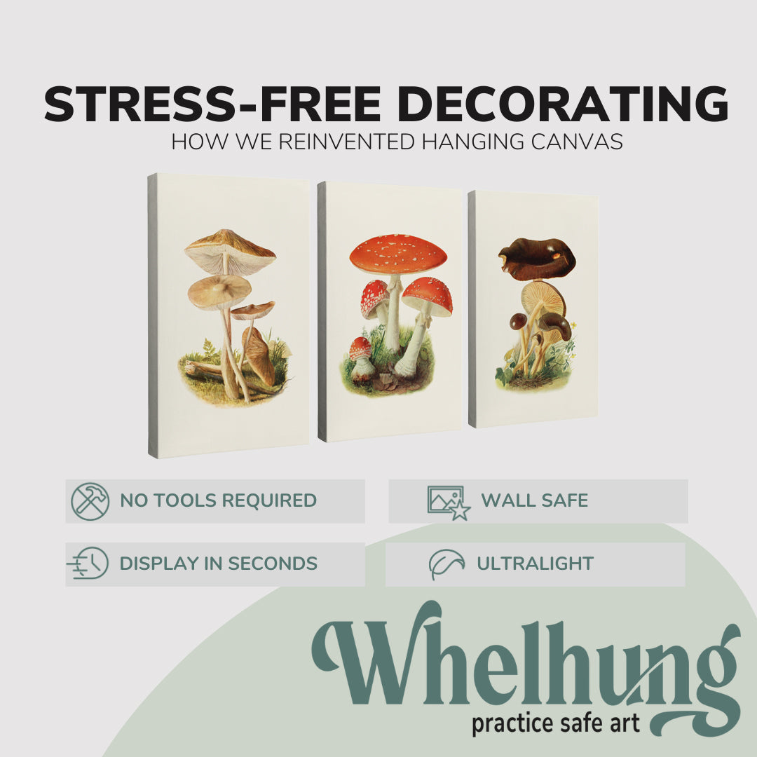Set of 3, 2:3 vertical easy to hang canvas prints on a graphic displaying the stress-free decorating Whelhung offers, how we reinvented hanging canvas: "no tools required", "wall safe", "display in seconds" and "ultralight."