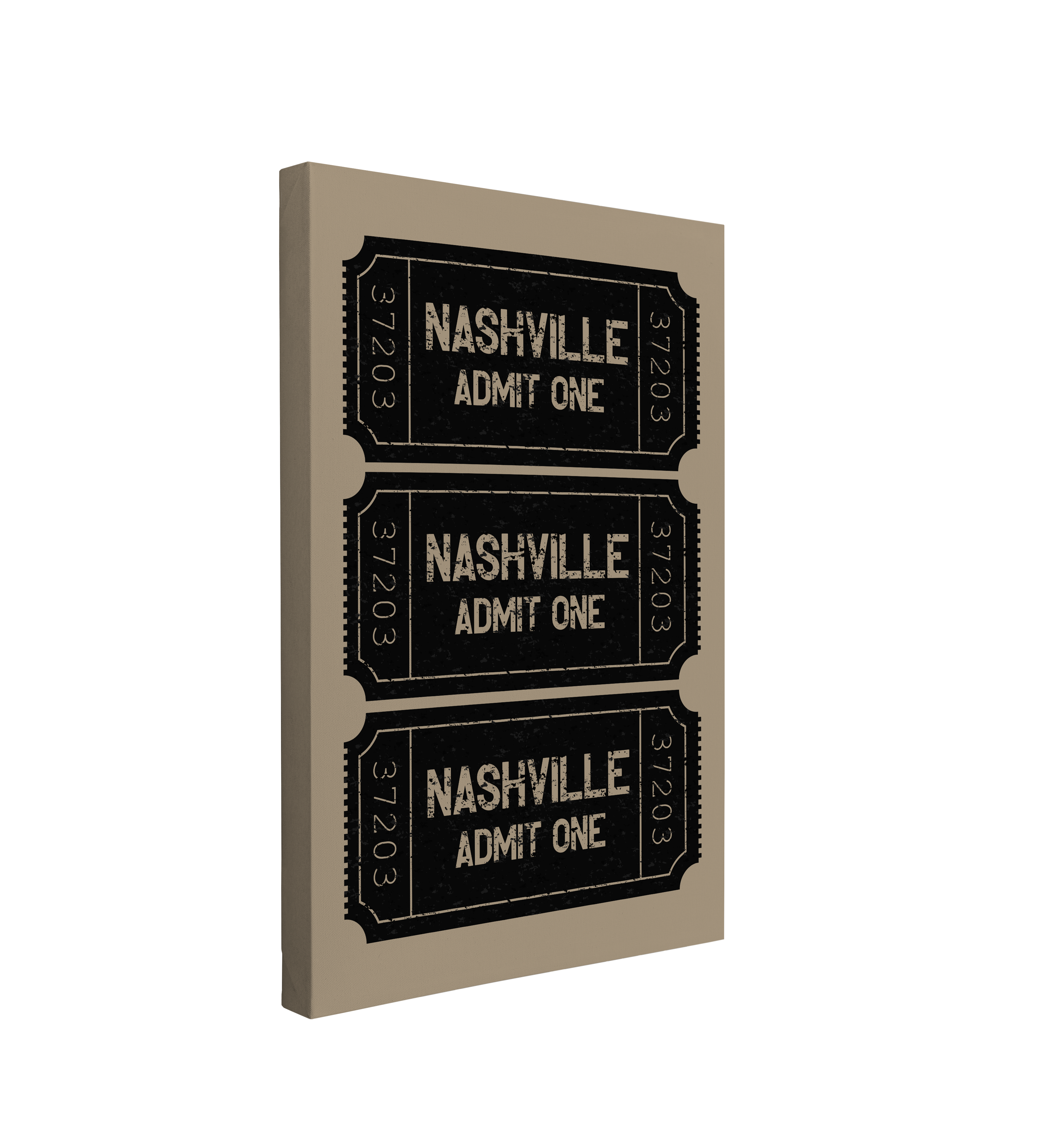 Single, 2:3 vertical easy to hang canvas print on a transparent background featuring an image of a graphic of three black vintage Admit One tickets stacked on top of each other each with "Nashville" on the ticket on a brown background.