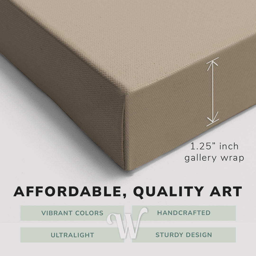 Corner shot of a Whelhung easy to hang canvas print showing the 1.25” inch gallery wrap thickness and graphic saying "Affordable, Quality Art", "Vibrant Colors", "Handcrafted", "Ultralight" and "Sturdy Design."