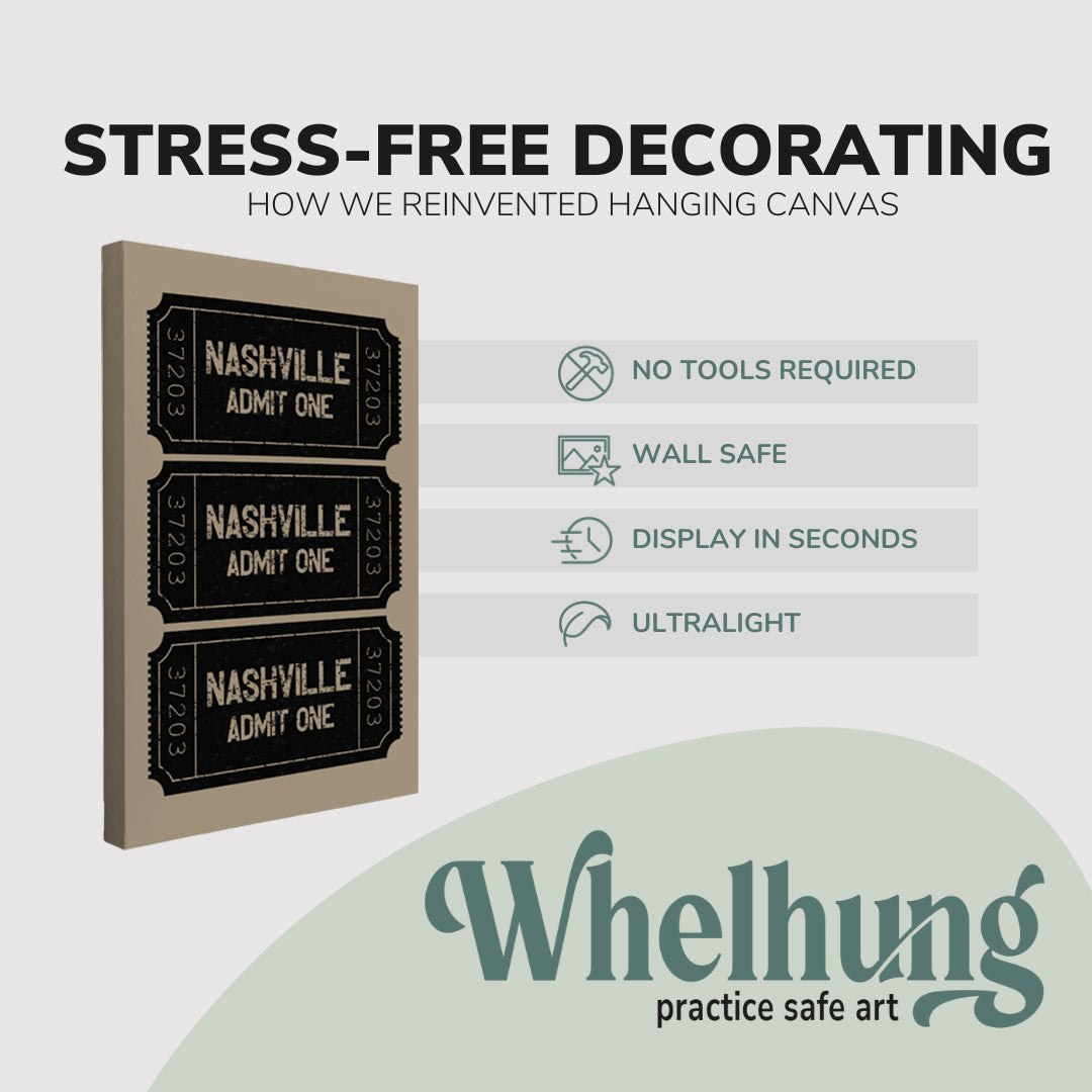 Single, 2:3 vertical easy to hang canvas print on a graphic displaying the stress-free decorating Whelhung offers, how we reinvented hanging canvas: "no tools required", "wall safe", "display in seconds" and "ultralight."