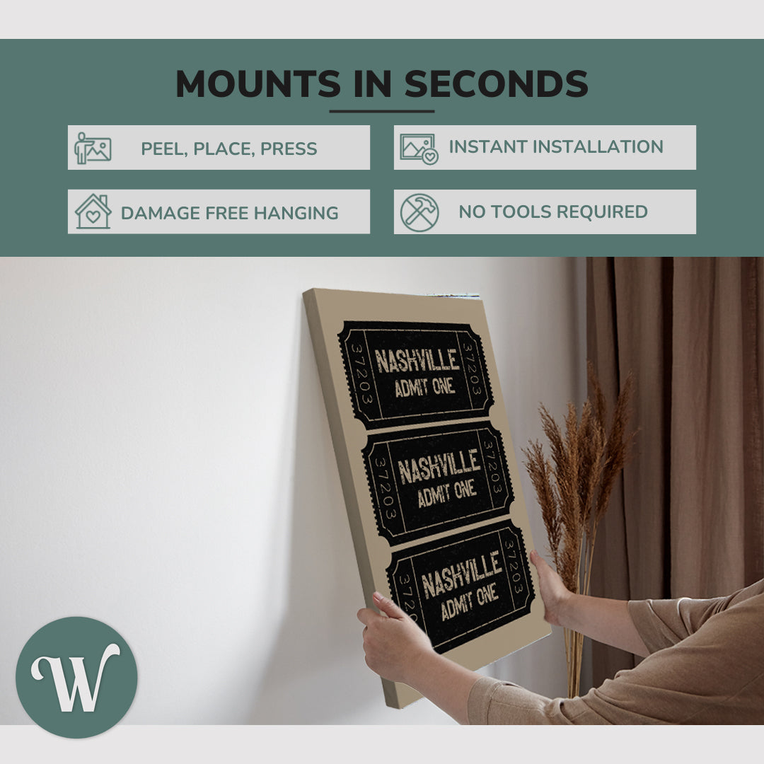 graphic showing hanging a single 2:3 vertical 20x30” inch easy to hang canvas showing how easy it is to hang. Mounts in seconds, "peel, place, press", "instant installation", "damage free hanging" and "no tools required."