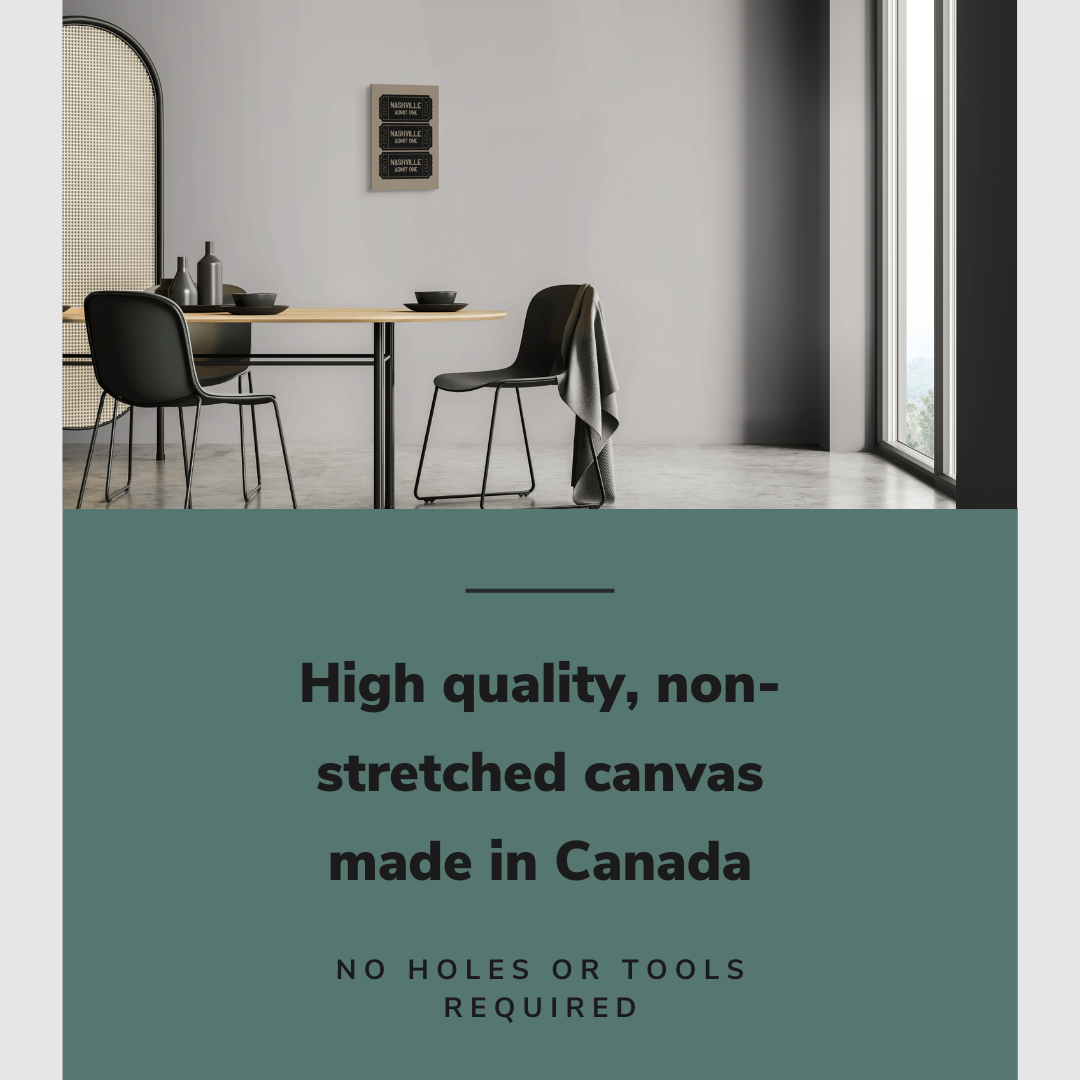Lifestyle image of the vertical 12x18” inch easy to hang canvas wall art hung in dining room above a dining room table with graphic saying "High quality, non-stretched canvas made in Canada."
