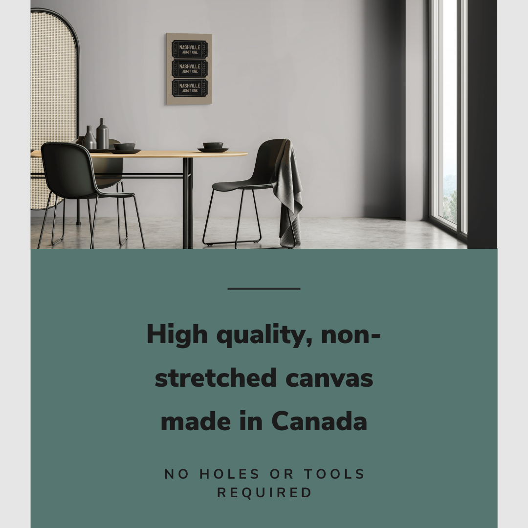Lifestyle image of the vertical 16x24” inch easy to hang canvas wall art hung in a dining room above a dining room table with graphic saying "High quality, non-stretched canvas made in Canada."