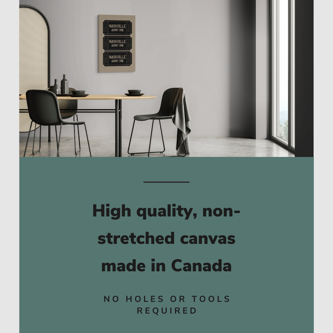 Lifestyle image of the vertical, 20x30” inch easy to hang canvas wall art hung in a dining room above a dining room table with graphic saying "High quality, non-stretched canvas made in Canada"