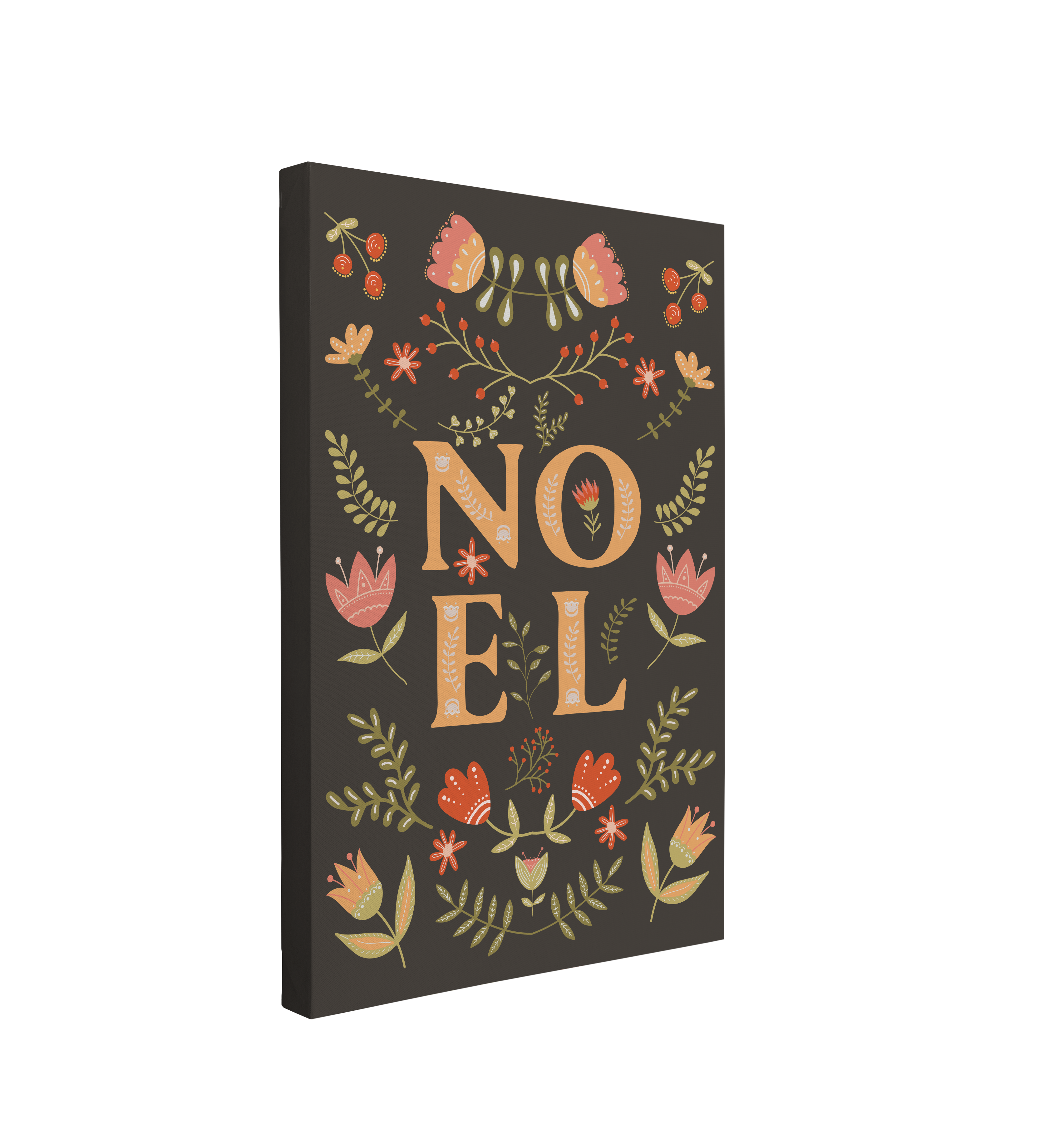 single, 2:3 vertical easy to hang canvas print on a transparent background featuring an image of "Noel" written in yellow on a dark grey background with vintage florals surrounding the word in green, yellow and pink