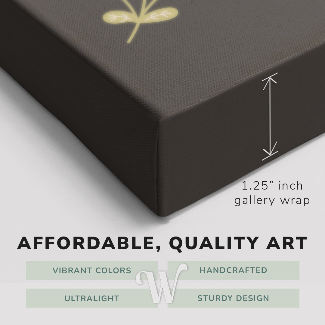 Corner shot of a Whelhung easy to hang canvas print showing the 1.25" inch gallery wrap thickness and graphic saying "Affordable, Quality Art", "Vibrant Colors", "Handcrafted", "Ultralight" and "Sturdy Design."