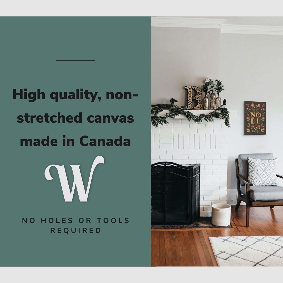 Lifestyle image of the vertical, 12x18 inch easy to hang canvas wall art hung in in a christmas decorated living room hung beside a fireplace above a chair with graphic saying "High quality, non-stretched canvas made in Canada"