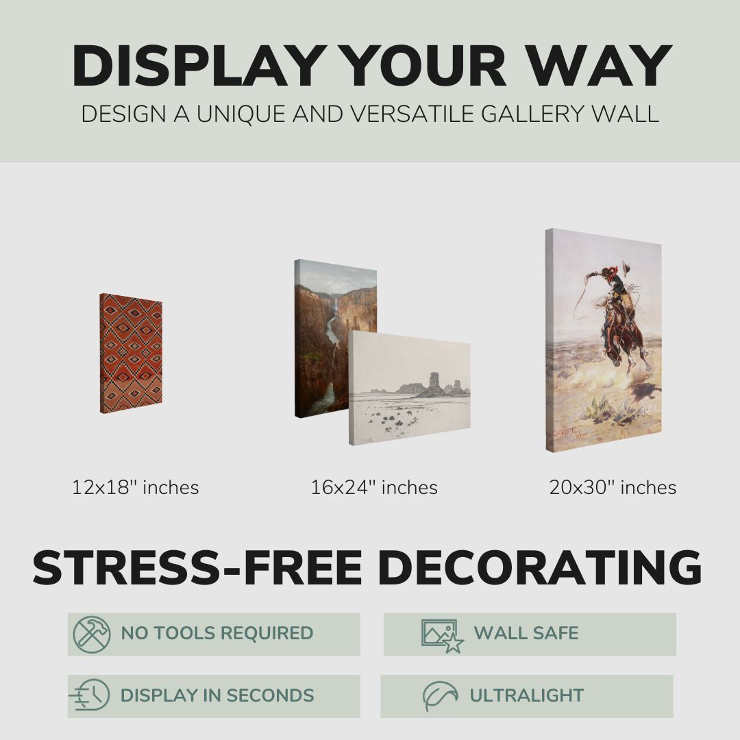 Set of 4”, 2:3 easy to hang canvas prints on a graphic displaying the sizes (12x18”, 16x24” or 20x30”) of the four canvases offered in this pack. Also includes bullets on the stress-free decorating Whelhung offers, "no tools required", "wall safe", "display in seconds" and "ultralight."