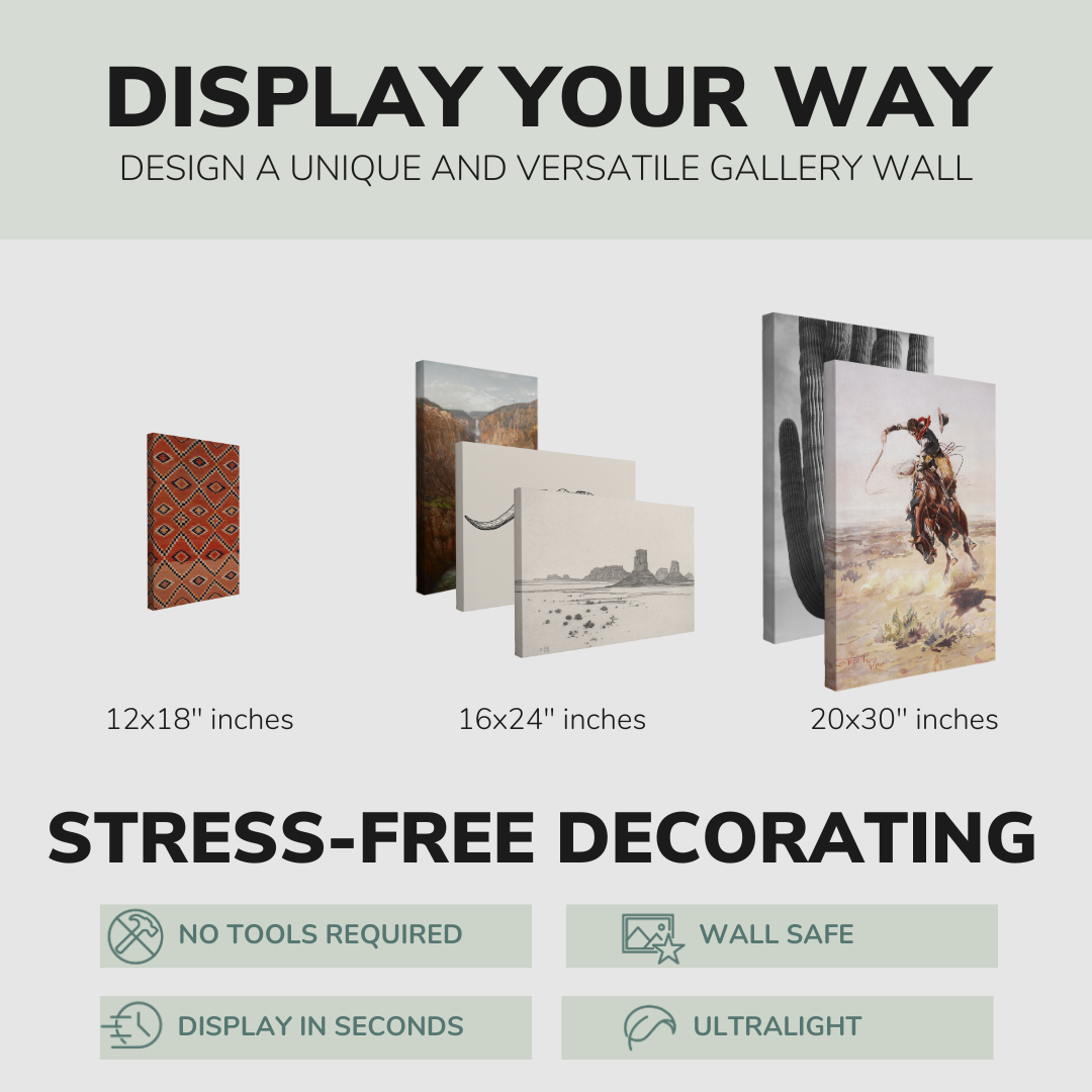 Set of 6”, 2:3 easy to hang canvas prints on a graphic displaying the sizes (12x18”, 16x24” or 20x30”) of the four canvases offered in this pack. Also includes bullets on the stress-free decorating Whelhung offers, "no tools required", "wall safe", "display in seconds" and "ultralight."