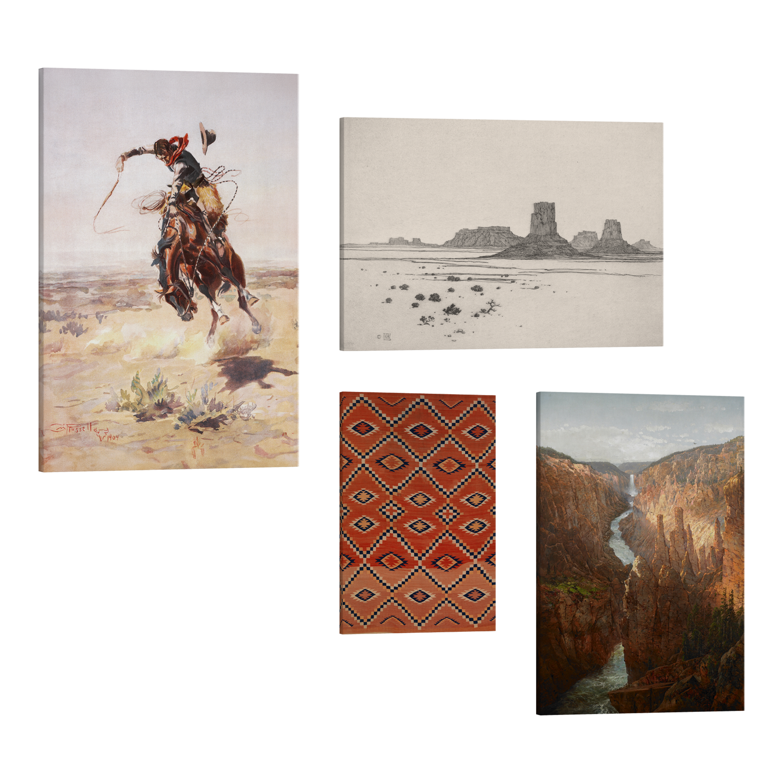 Set of 4, 2:3 easy to hang canvas prints of various sizes, 12x18”, 16x24” or 20x30” inches, on a transparent background featuring images of vintage western themes like a cowboy, red Navajo print, Arizona mountains and a ravine.
