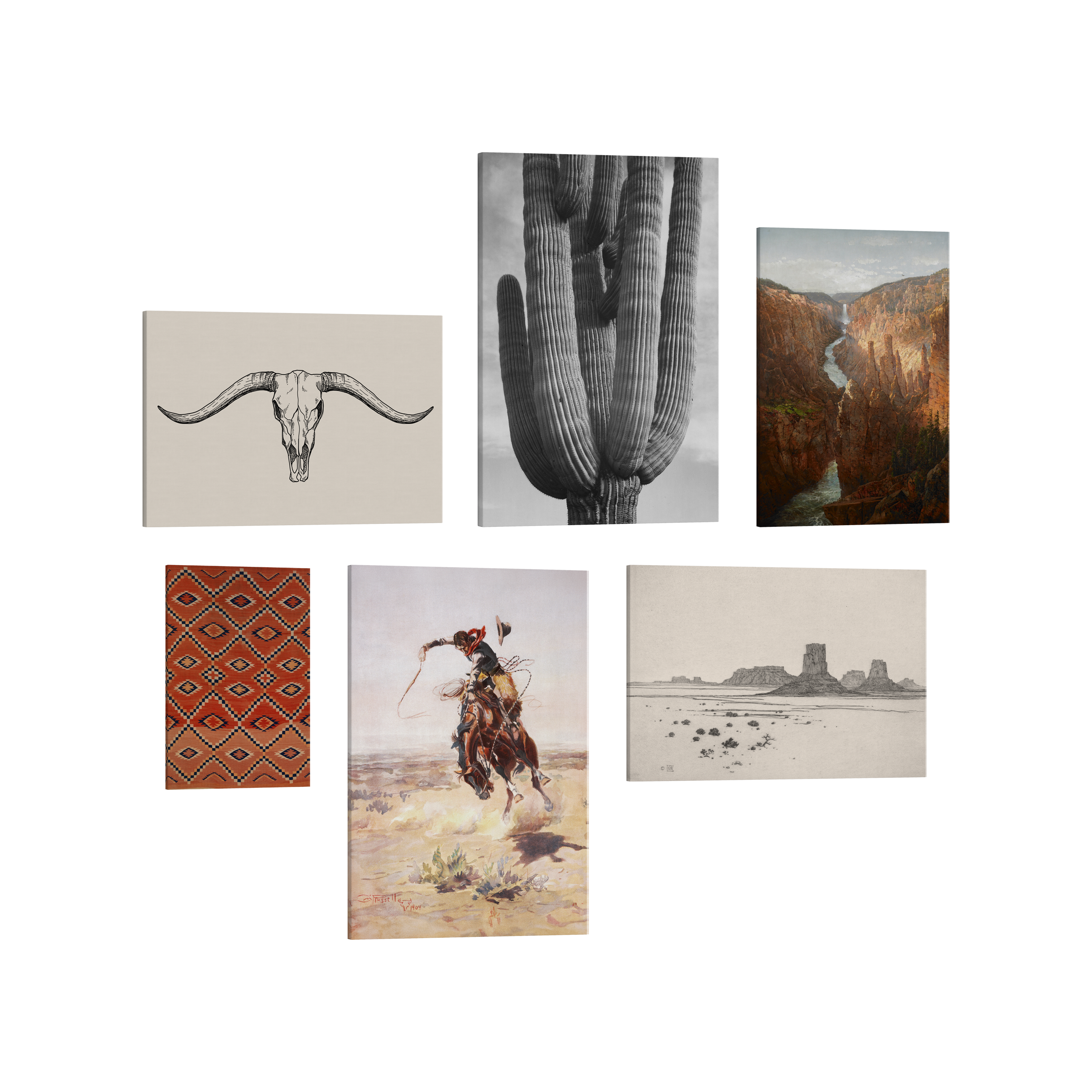 Set of 6, 2:3 easy to hang canvas prints of various sizes, 12x18”, 16x24” or 20x30” inches, on a transparent background featuring images of vintage western themes like a cowboy, red Navajo print, Arizona mountains, a ravine, drawing of a cow's skull and a black and white photo of a cactus.