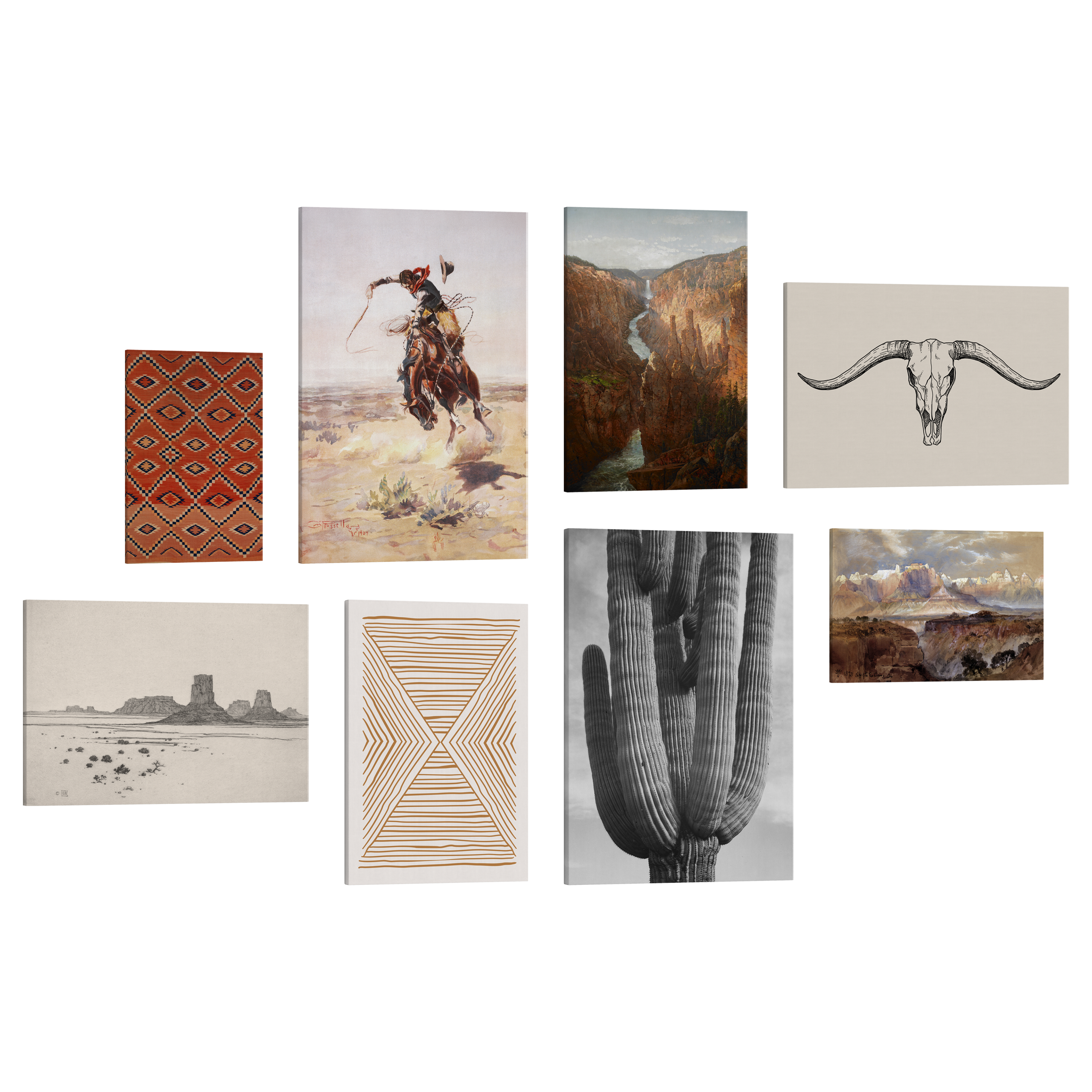Set of 8, 2:3 easy to hang canvas prints of various sizes, 12x18”, 16x24” or 20x30” inches, on a transparent background featuring images of a cowboy, red Navajo print, Arizona mountains, a ravine, drawing of a cow's skull, a black and white photo of a cactus, an abstract orange triangle line art and a painting of a mountain.