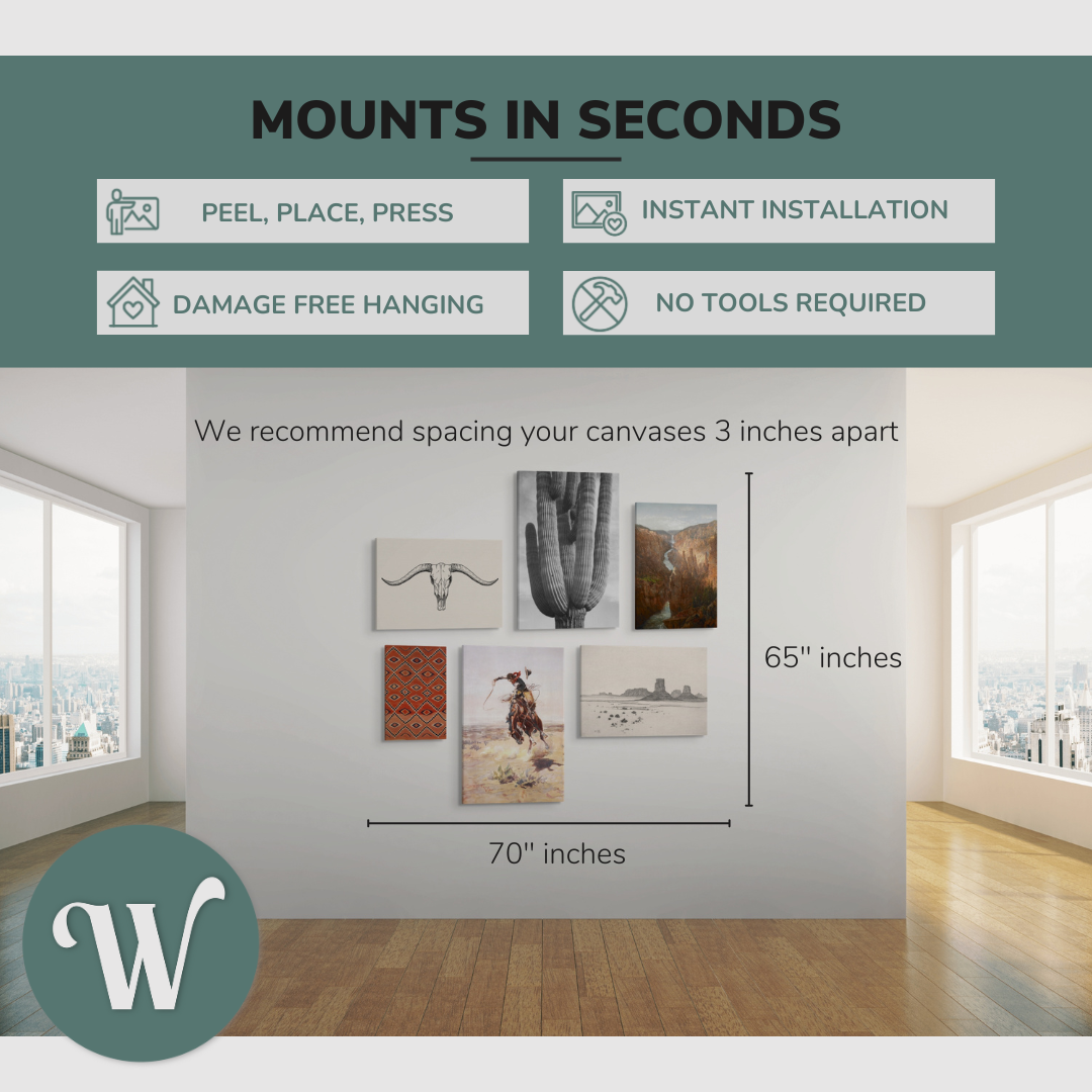 graphic showing a lifestyle of the 6 pack canvases on a blank white wall with the overall size of the gallery wall, 70x65" inches. Says: “Mounts in seconds”, and the bullets: "peel, place, press", "instant installation", "damage free hanging" and "no tools required."