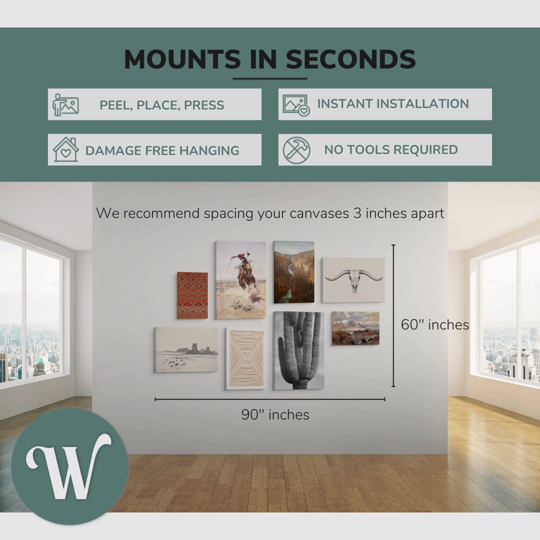 graphic showing a lifestyle of the 8 pack canvases on a blank white wall with the overall size of the gallery wall, 90x60" inches. Says: “Mounts in seconds”, and the bullets: "peel, place, press", "instant installation", "damage free hanging" and "no tools required."