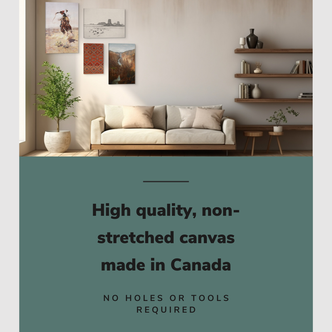 Lifestyle image of the 4 pack gallery wall with easy to hang canvas wall art hung in a modern living room above a comfy couch with graphic saying "High quality, non-stretched canvas made in Canada"