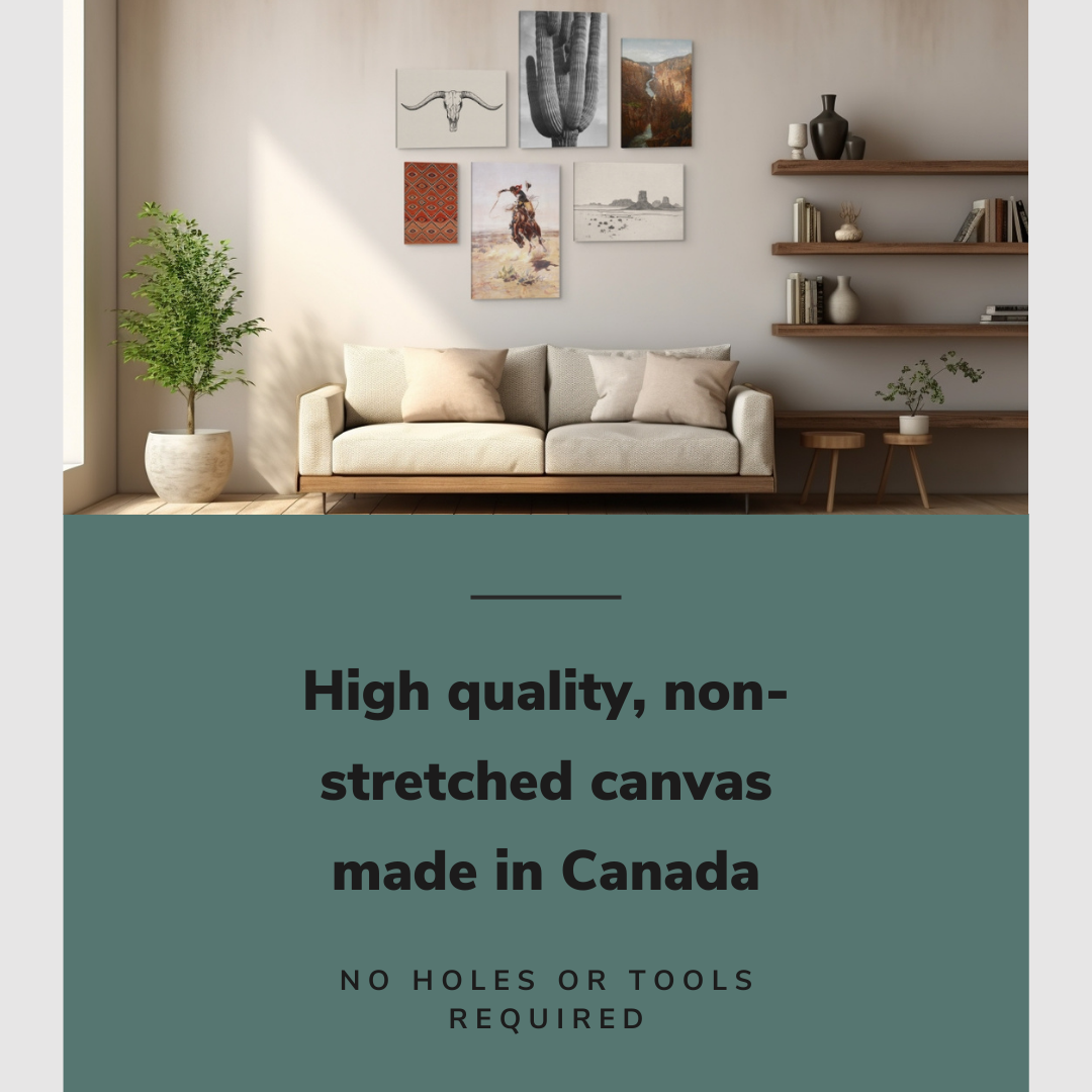 Lifestyle image of the 6 pack gallery wall with easy to hang canvas wall art hung in modern living room above a comfy couch with graphic saying "High quality, non-stretched canvas made in Canada"