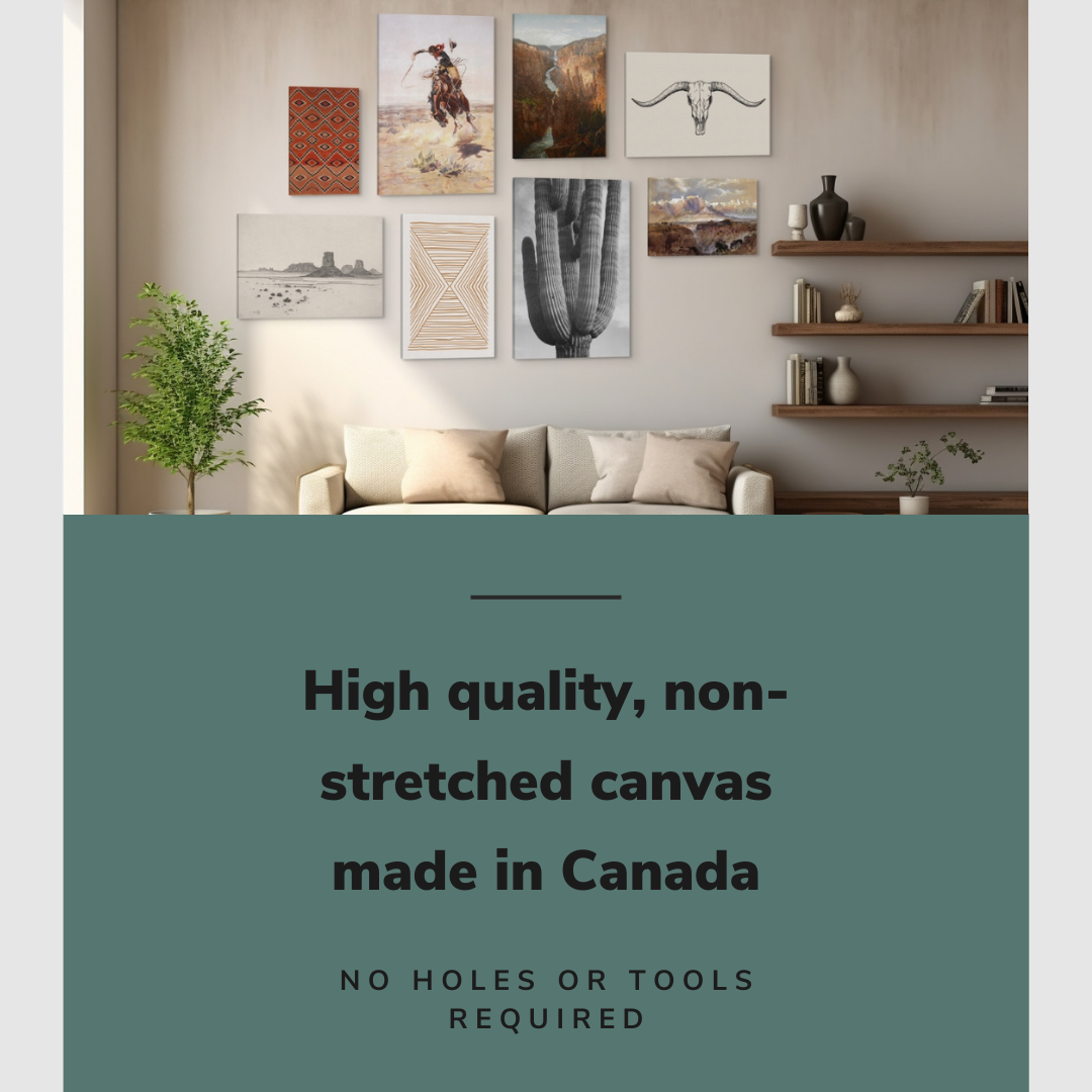 Lifestyle image of the 8 pack gallery wall with easy to hang canvas wall art hung in a modern living room above a comfy couch with graphic saying "High quality, non-stretched canvas made in Canada"