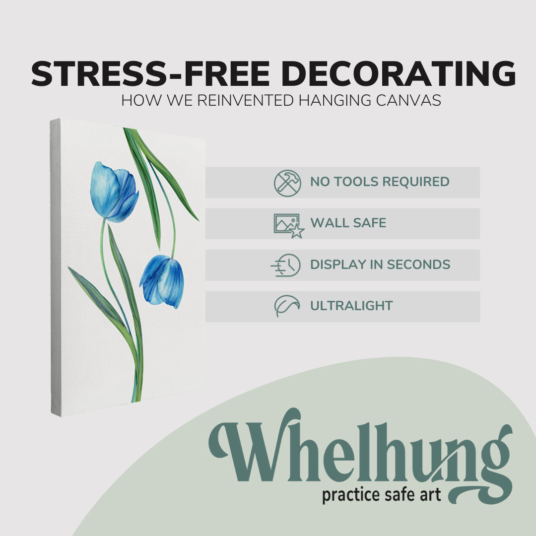 single, 2:3 vertical easy to hang canvas print on a graphic displaying the stress-free decorating Whelhung offers, how we reinvented hanging canvas: "no tools required", "wall safe"", "display in seconds" and "ultralight."
