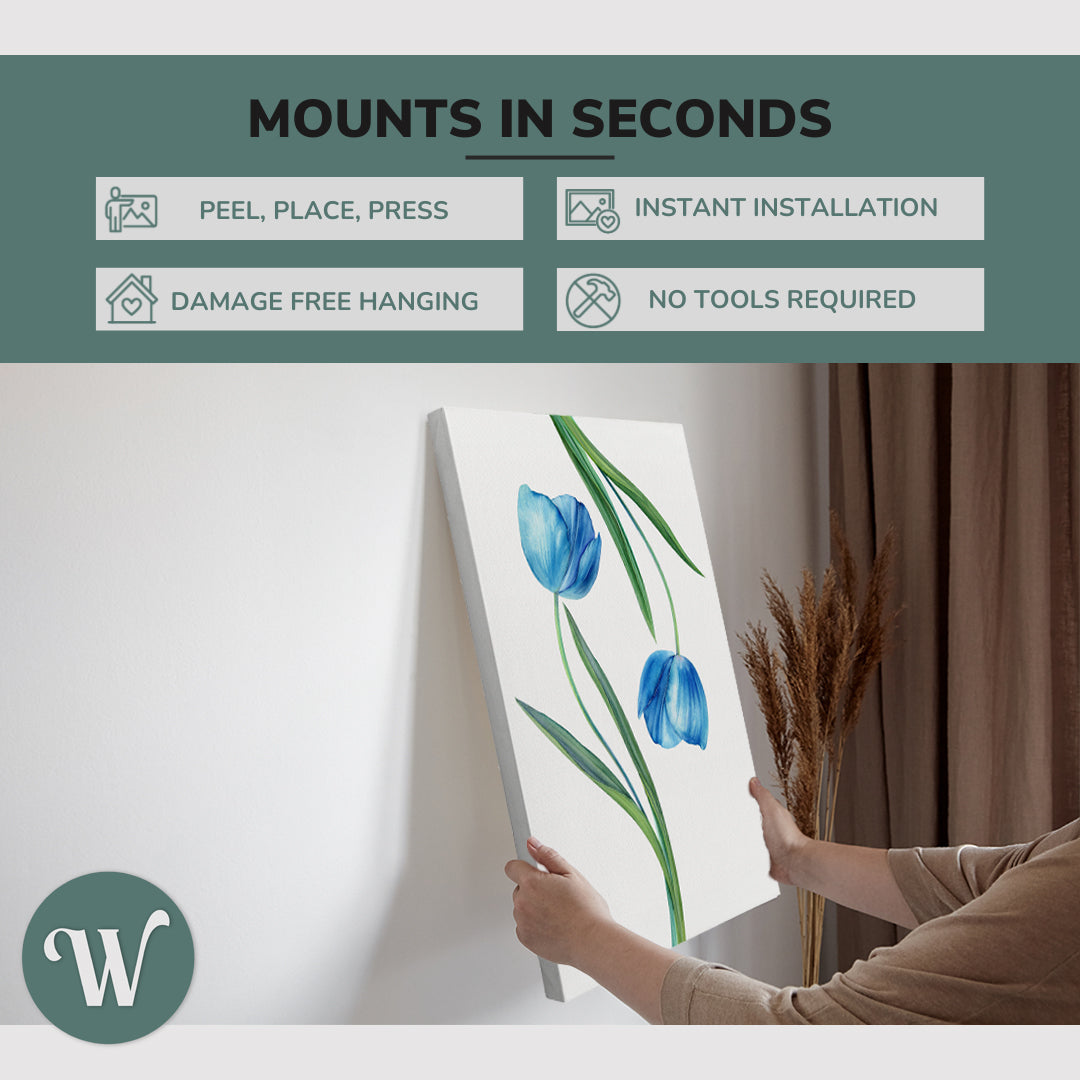 graphic showing hanging a single 2:3 vertical 20x30 inch easy to hang canvas showing how easy it is to hang. Mounts in seconds, "peel, place, press", "instant installation", "damage free hanging" and "no tools required."