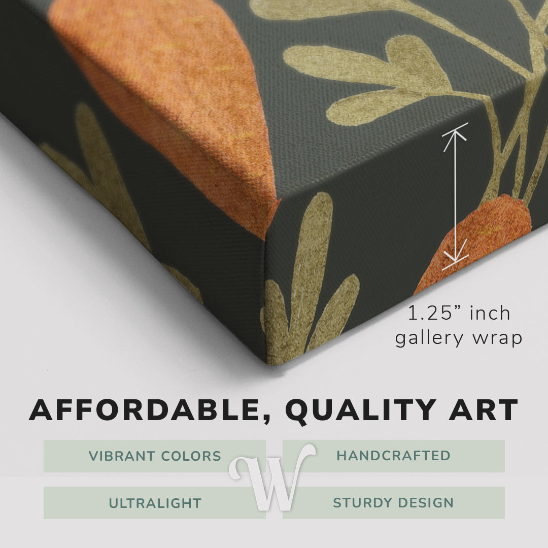 Corner shot of a Whelhung easy to hang canvas print showing the 1.25" inch gallery wrap thickness and graphic saying "Affordable, Quality Art", "Vibrant Colors", "Handcrafted", "Ultralight" and "Sturdy Design."