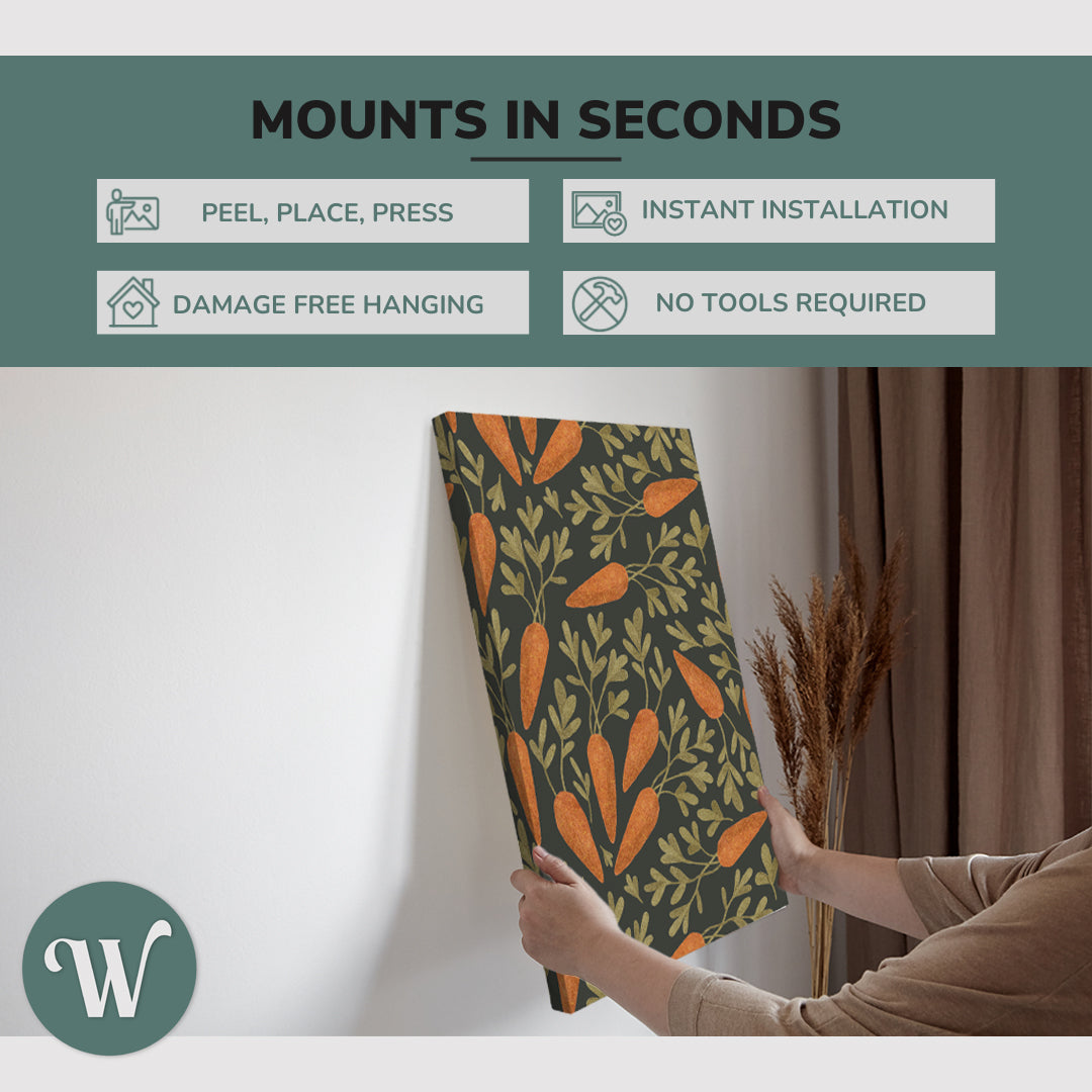 graphic showing hanging a single 2:3 vertical 20x30 inch easy to hang canvas showing how easy it is to hang. Mounts in seconds, "peel, place, press", "instant installation", "damage free hanging" and "no tools required."