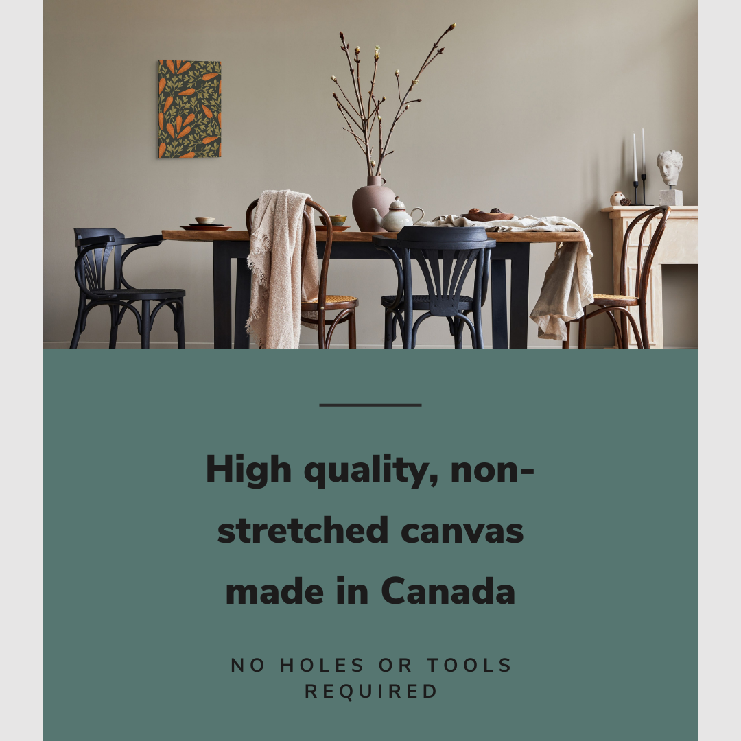Lifestyle image of the vertical, 12x18 inch easy to hang canvas wall art hung in hung in a rustic dark dining room over the dining table with graphic saying "High quality, non-stretched canvas made in Canada"