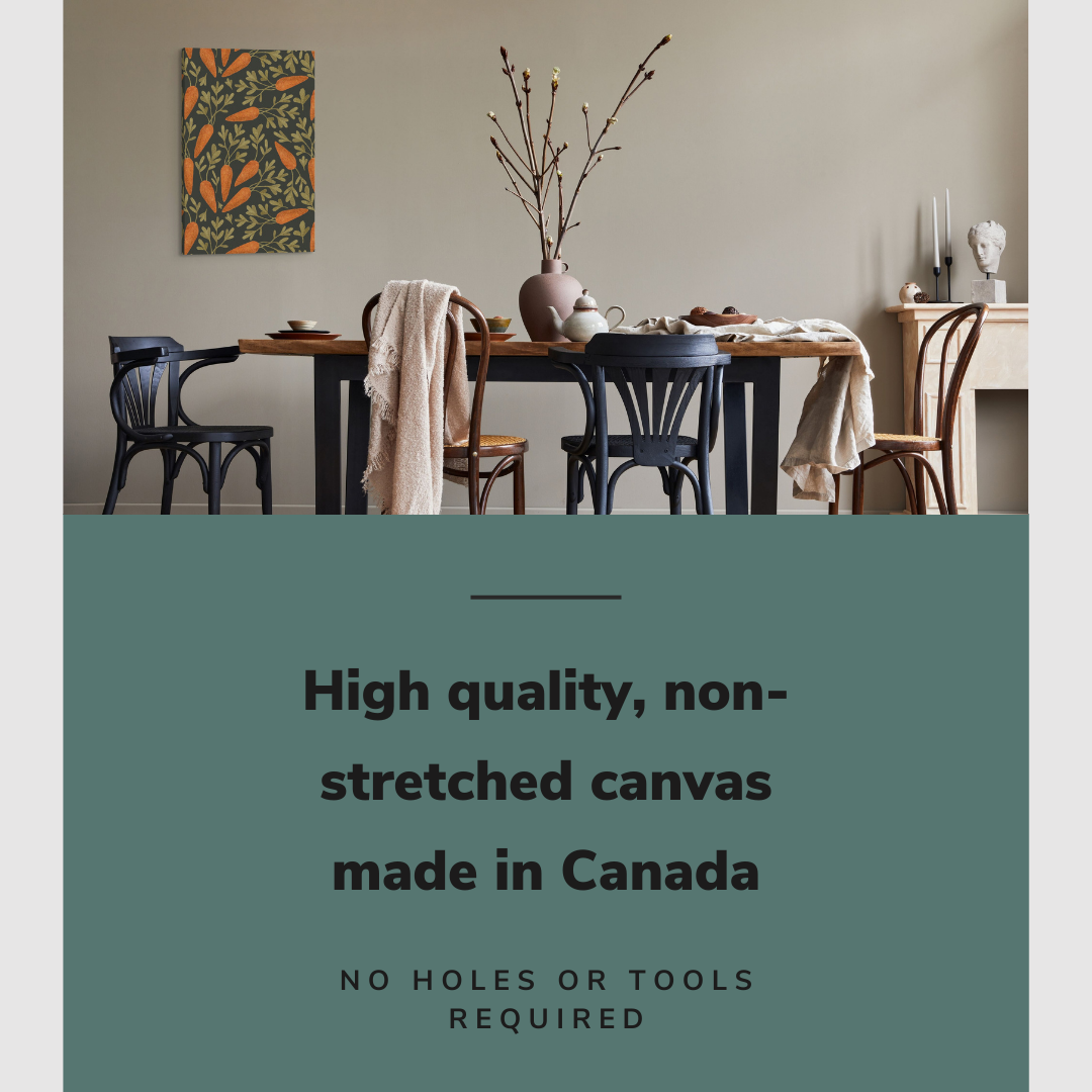 Lifestyle image of the vertical, 20x30 inch easy to hang canvas wall art hung in hung in a rustic dark dining room over the dining table with graphic saying "High quality, non-stretched canvas made in Canada"