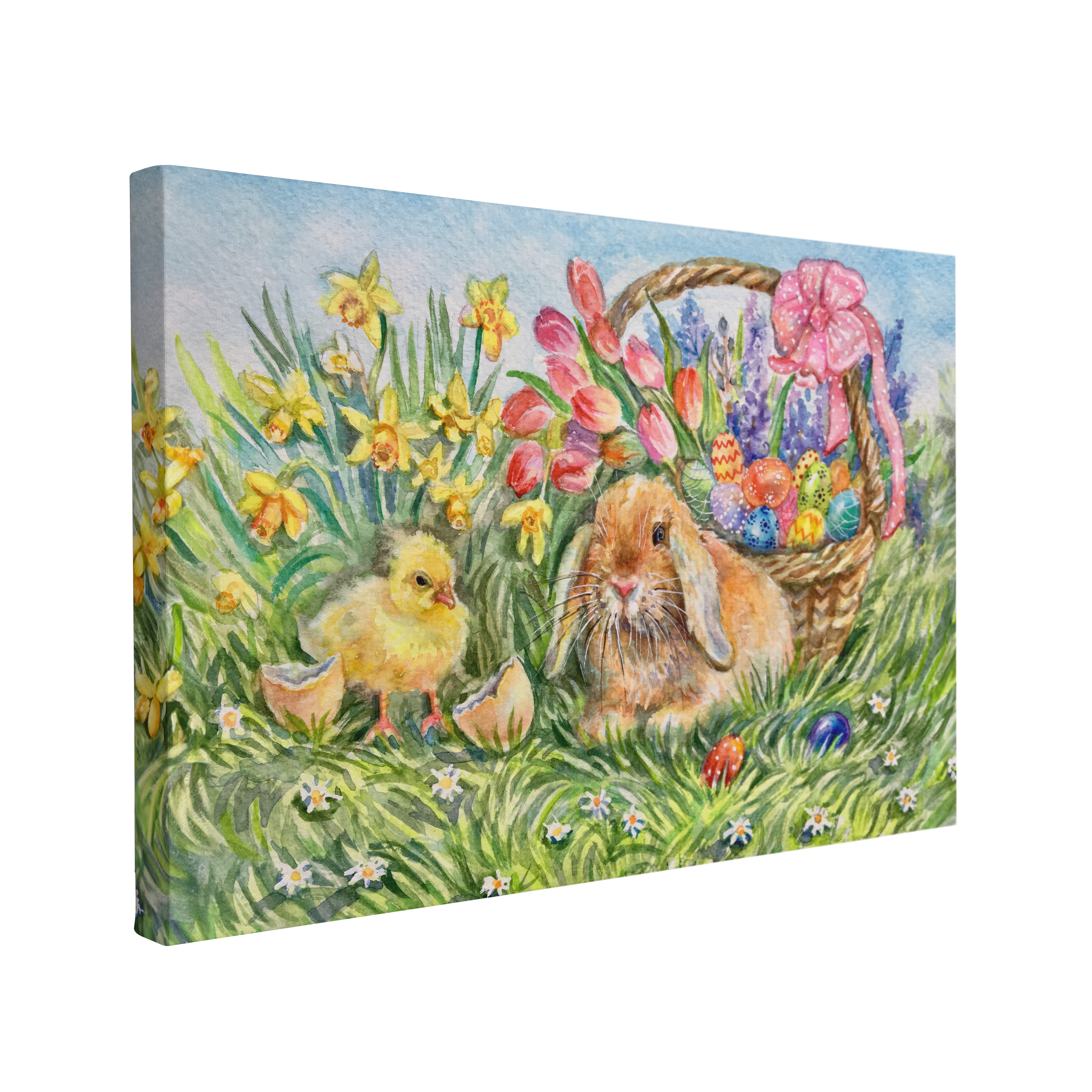 single, 2:3 vertical easy to hang canvas print on a transparent background featuring an image of watercolor painting of a brown bunny rabbit with a baby chick and an easter basket filled with easter eggs and red tulips in the grass with yellow daffodils