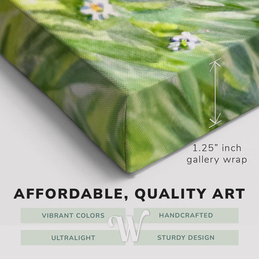 Corner shot of a Whelhung easy to hang canvas print showing the 1.25" inch gallery wrap thickness and graphic saying "Affordable, Quality Art", "Vibrant Colors", "Handcrafted", "Ultralight" and "Sturdy Design."